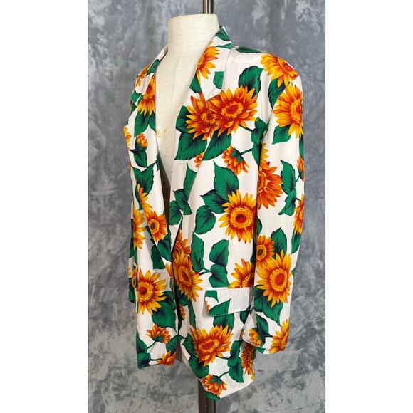 Vintage Sunflower Print Silk One Button Blazer S Sanyo 90's Work Casual Career - Picture 3 of 11